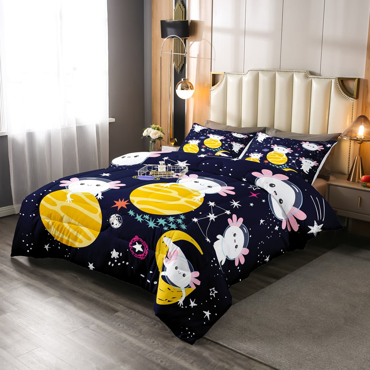 Yst Axolotl Comforter Set Kids Boys Outer Space Bedding Set Full Size Aquatic Reptile Axolotls Duvet Sets For Girls Children Teens Starry Sky Cartoo