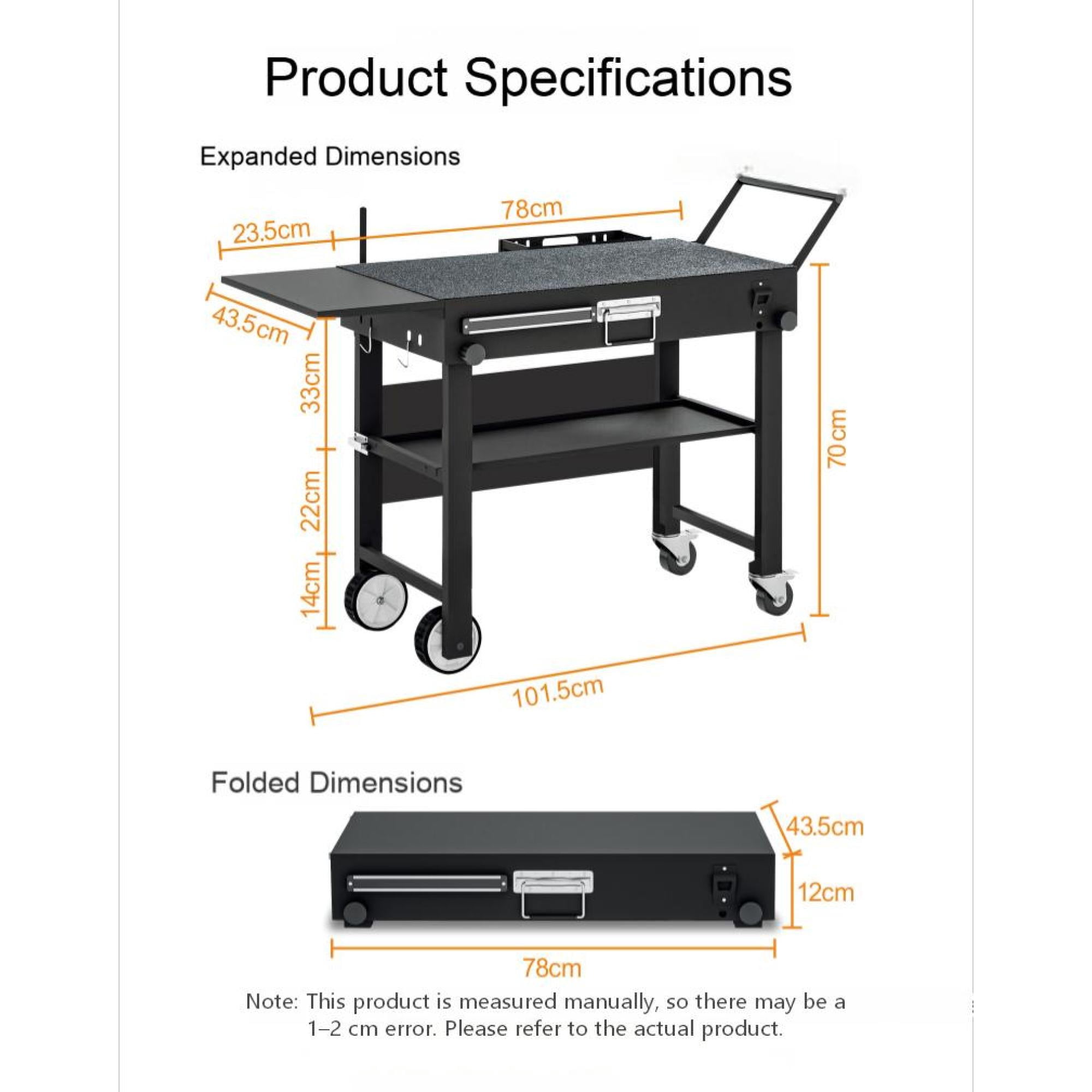 Portable Outdoor Grill Cart with Foldable Design and Stainless Steel Construction, Grill Table for BBQ and Camping, Black