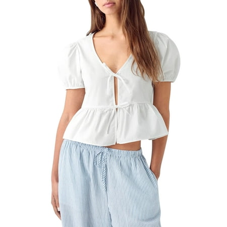 Suagox Women s Babydoll Tops Casual Loose Fitting V Neck Open Front Tie-Up Short Sleeve Ruffled Shirt for Summer