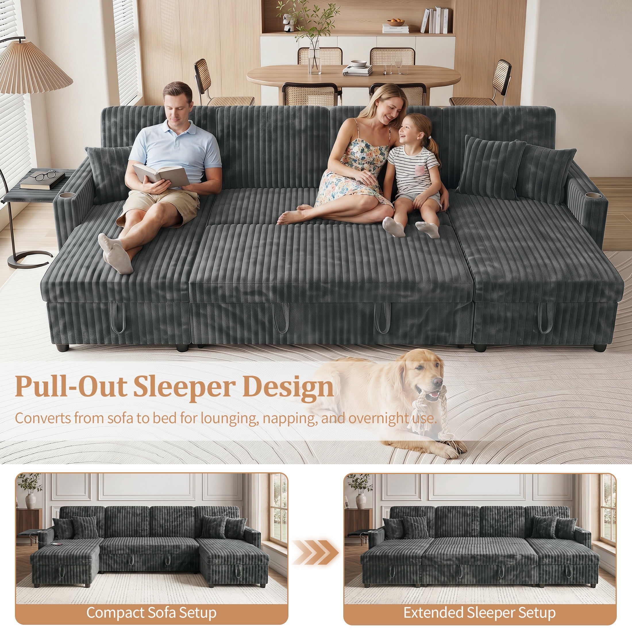 Aenkyo 110" U-Shaped Sleeper Sofa with Pull Out Bed, Storage Chaises and USB, Dark Gray