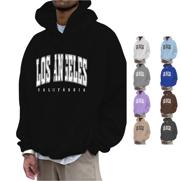 RUTAYY Men's Hoodie Long Sleeve Drawstring Front Pocket Vintage Letter Print Daily Casual Pullover Sweatshirt Black