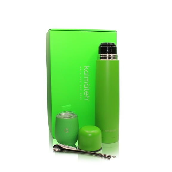 KALMATEH Yerba Mate Set- Includes Yerba Mate Gourd, Vacuum Insulated Thermos 1000ml, Bombilla Straw and Cleaning Brush (Neon Green)