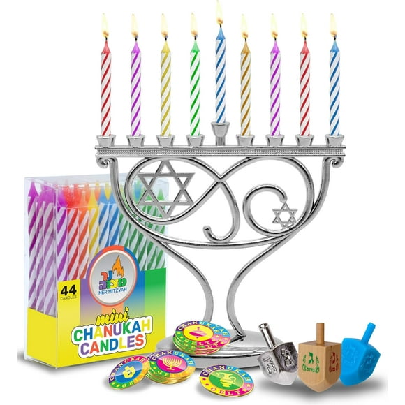 Ner Mitsvah Mini Ensemble de Menorah - Menorah, 44 Mini Bougies, 3 Déguisements, Pièces de Jeu