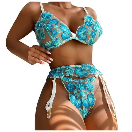 

Qcmgmg Women with Garter Lingerie Set Floral Bra and Panty Set Lace Babydoll