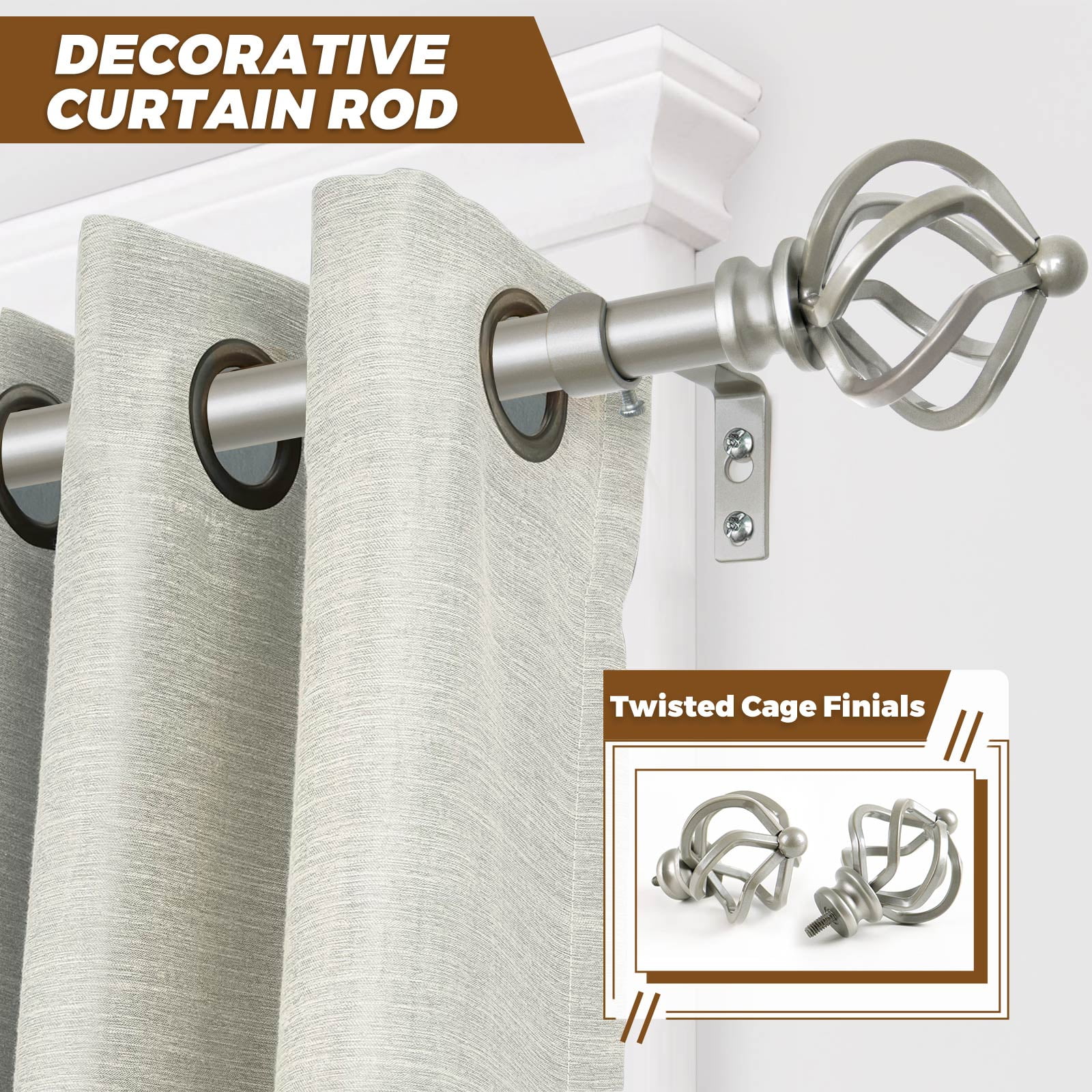 KAMANINA 3/4" Adjustable Single Curtain Rod with Twist Cage Finial, 48 - 84", Antique Silver