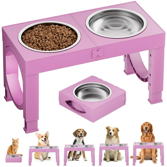 XiaZ Elevated Dog Bowl, 5 Heights Adjustable 9|11|12|14in Dog Raised Bowl Stand with Two 1L Stainless Steel Dog Food and Water Bowls, Pet Bowl H