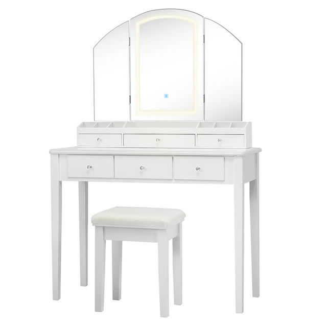 Costway Ensemble Coiffeuse et Tabouret Grand Miroir Éclairé à Trois Volets Commode à 6 Tiroirs Blanc