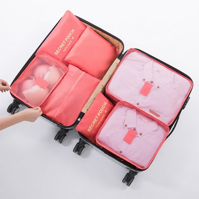 Ensemble de 6 Sacs de Rangement de Voyage pour Vêtements, Organisateur de Garde-Robe, Pochette de Valise Unisexe Multifonction, Kit de Voyage Rouge Pastèque