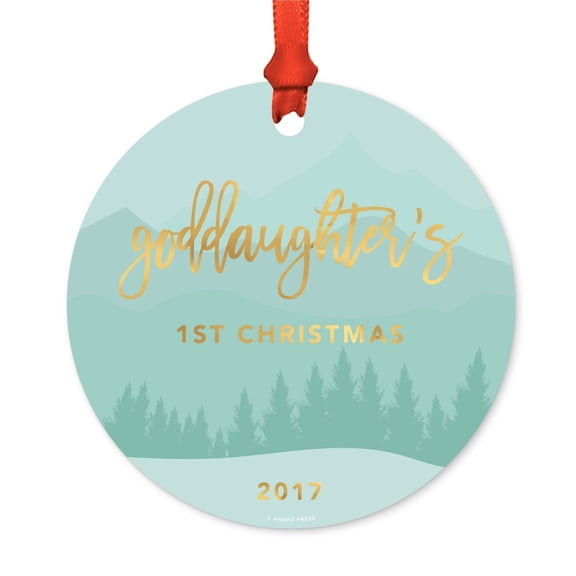 Metal Christmas Ornament, Goddaughter's 1st Christmas 2017, Winter Wonderland Forest, Includes Ribbon and Gift Bag