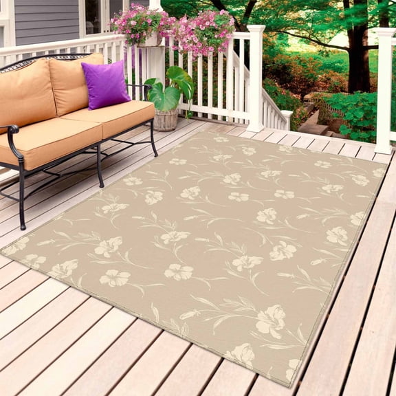 Beige Floral Outdoor Rug 5x8 Ft, Non Slip Washable Area Rug, Vintage Spring Botanical Flowers Patio Rugs Carpet Runner, Large Floor Mat for Indoor/Outdoor Deck Porch Camping