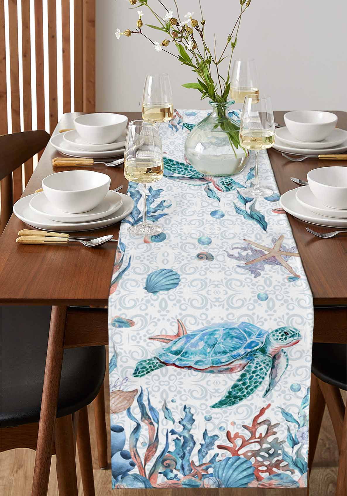 Table Runner Dresser Scarf 13 x 36 Inch Summer Turtle Seashell Coral Starfish Seaweed Colorful Ocean Table Runners Non-Slip Heat Kitchen Dining Table Decor for Indoor Outdoor Home Party Decoration