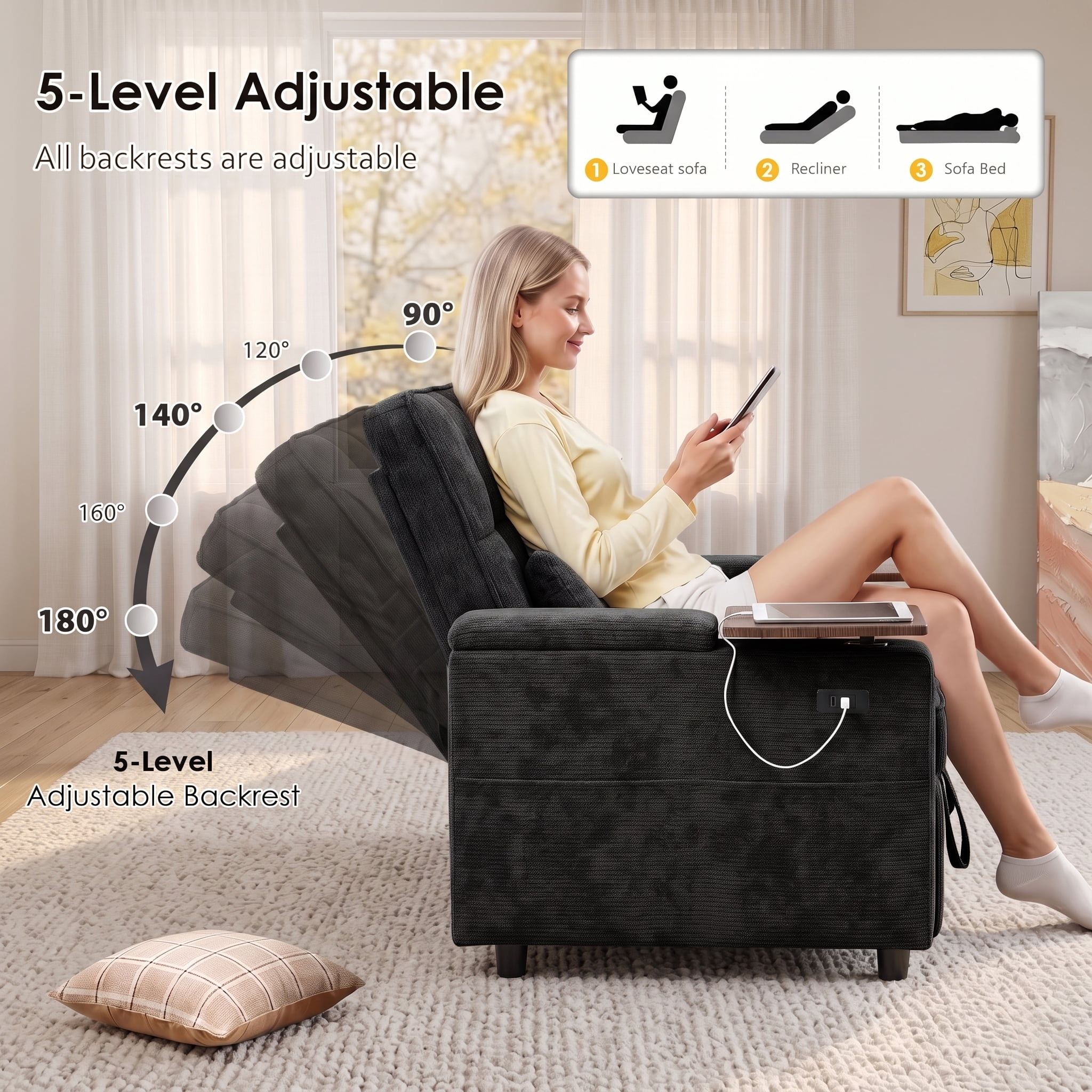 Xiweot 65" Sleeper Sofa Bed, 3-in-1 Convertible Chenille Futon Couch, Loveseat Sofa with Adjustable Backrest, Pull out Couch with Storage Armrest, Table & Pillows for Living Room Apartment (Black)