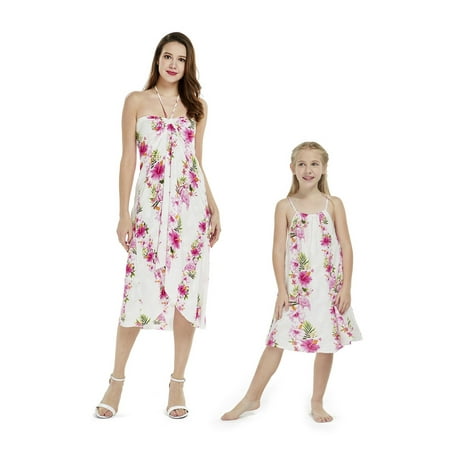 

Matching Hawaiian Luau Mother Daughter Butterly Round Neck Dress in Pink Hibiscus Vine