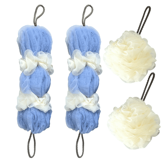 CasaVibe Loofah Set 4-Piece - 2x120g 3-Segment Loofah Bath Sponge Body Scrubbers 2x50g Soft Sponge, PET Mesh for Rich Lathering & Gentle Exfoliating
