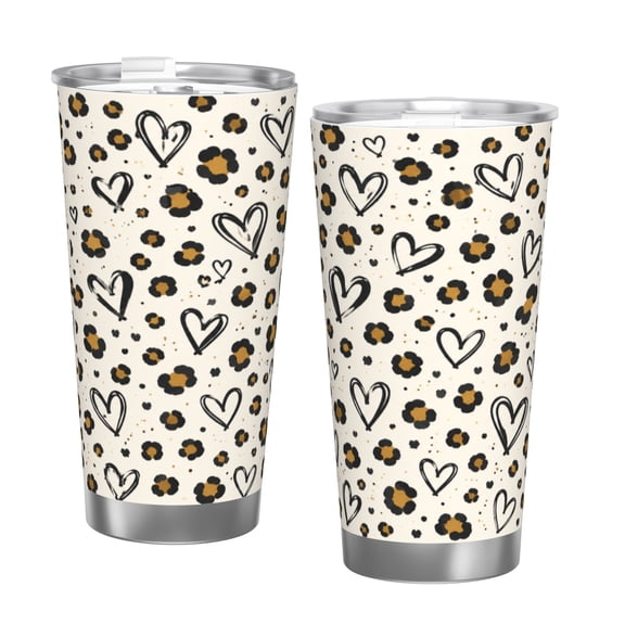 Leopard Heart Pattern 20oz Insulated Tumbler with Handle and Straw Travel Coffee Cup Car Cup Gift for Women with Single Silver Rim