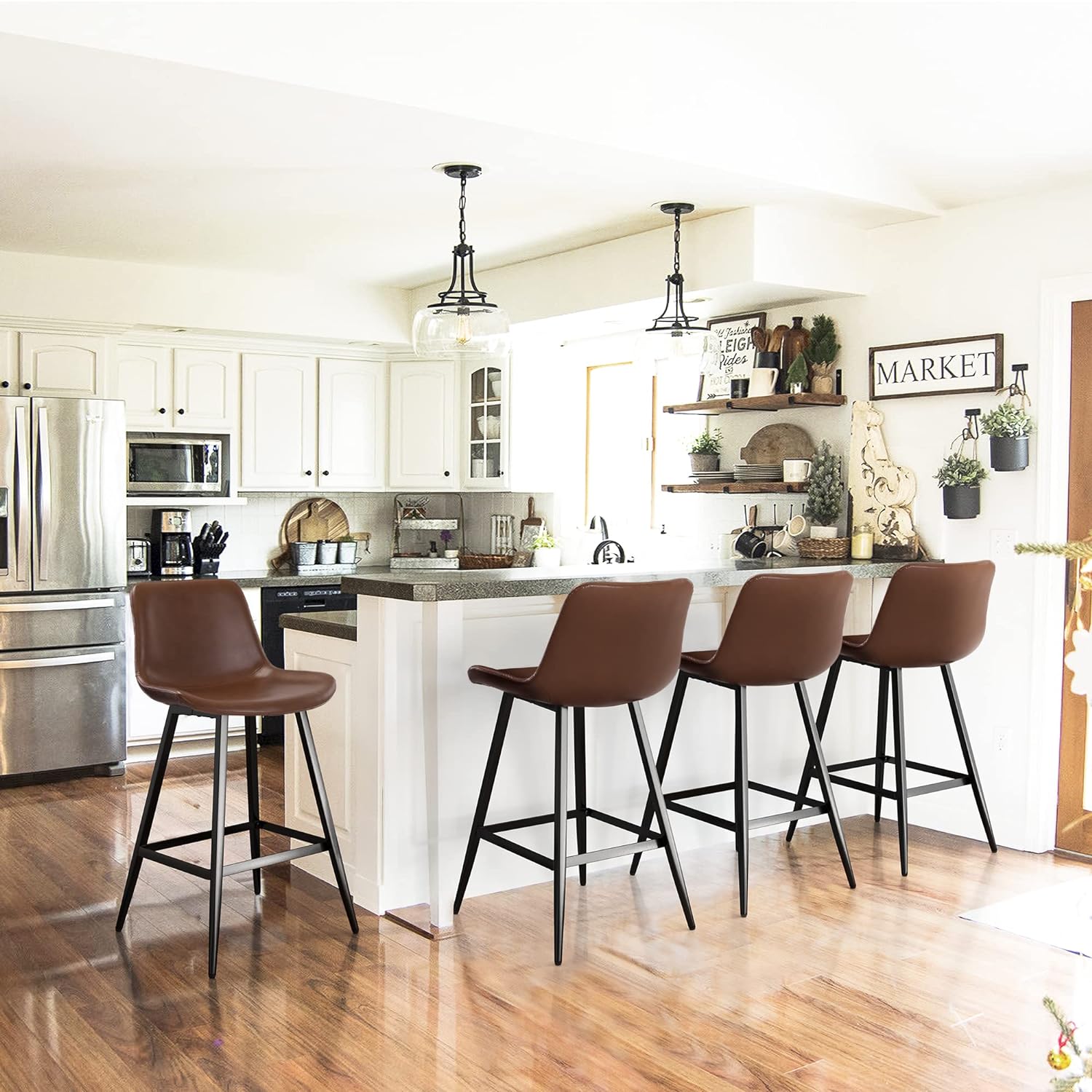 Dycanpo 26” Counter Height Bar Stools Set of 4, Modern Faux Leather, for Home Kitchen,Dark Brown