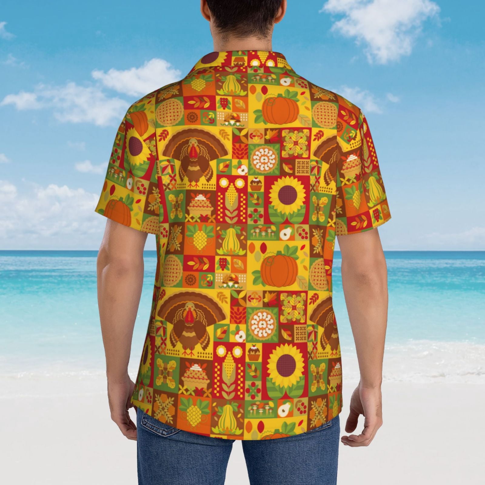 Logiee Thanksgiving Day Print Mens Hawaiian Shirts,Loose-Fit Short Sleeve Button Down Tropical Aloha Beach Shirt,Summer Vacation Wedding Tops,Medium