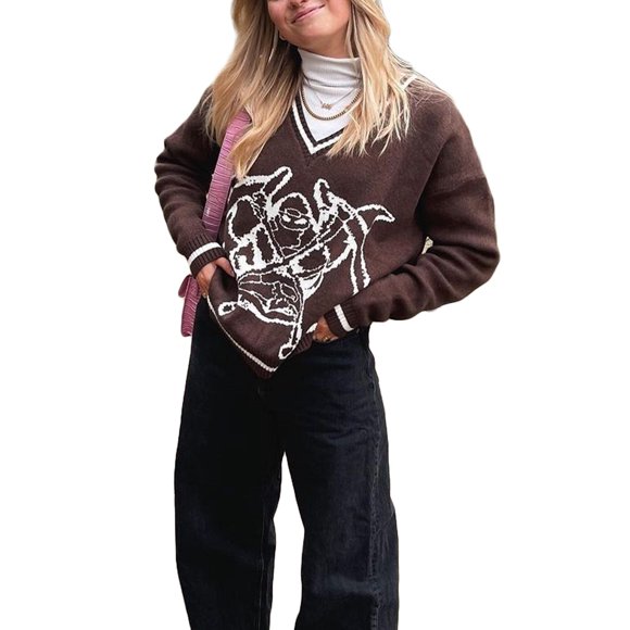 goowrom Chandails Amples à Col Rond Manches Longues Imprimé Animal Monster pour Femmes