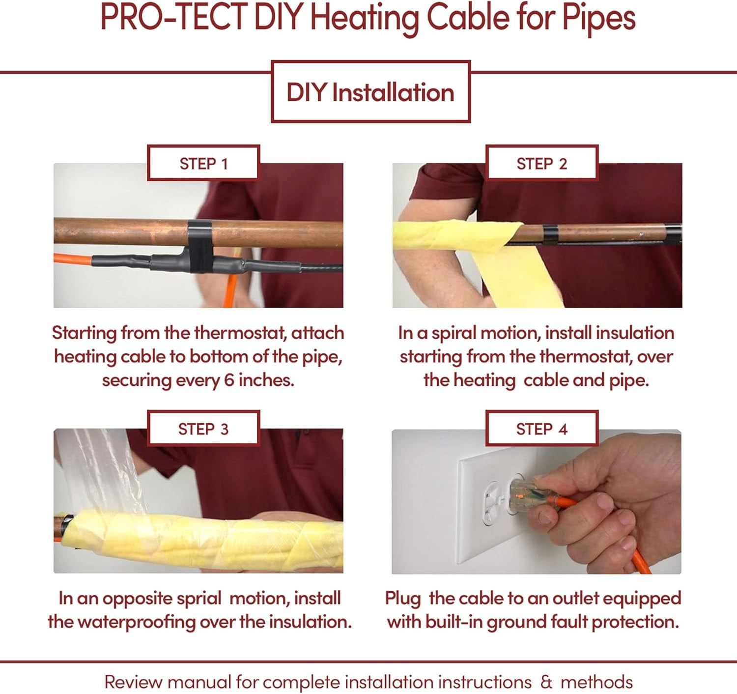 Pipe Heating Cable Kit for Freeze Protection 80 feet, 560 Watts Plug-in Electric Pipe Heat Tape with Built-in Thermostat Control, Heat Cable for Water Pipes, cUL, CSA, ETL, WarmlyYours PRO-Tect
