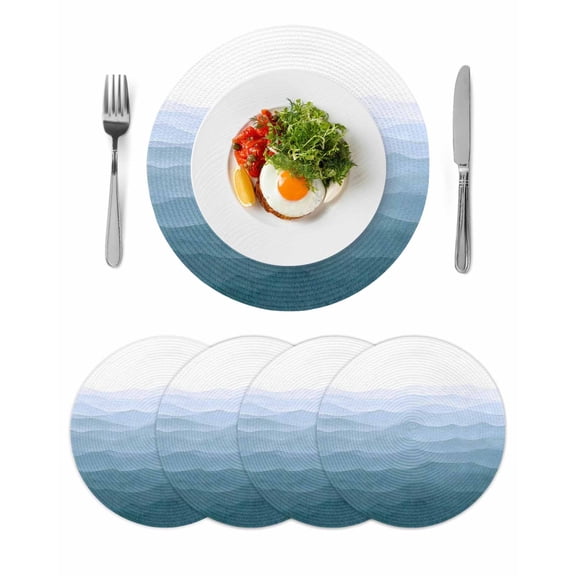Blue Coastal Wave Round 13 Inch Placemats Set of 4, Summer Ocean Nautical Beach Ombre HeatResistant Non Slip Place Mats for Dining Table, Wipeable Braided Kitchen Table Mats for Housewarming