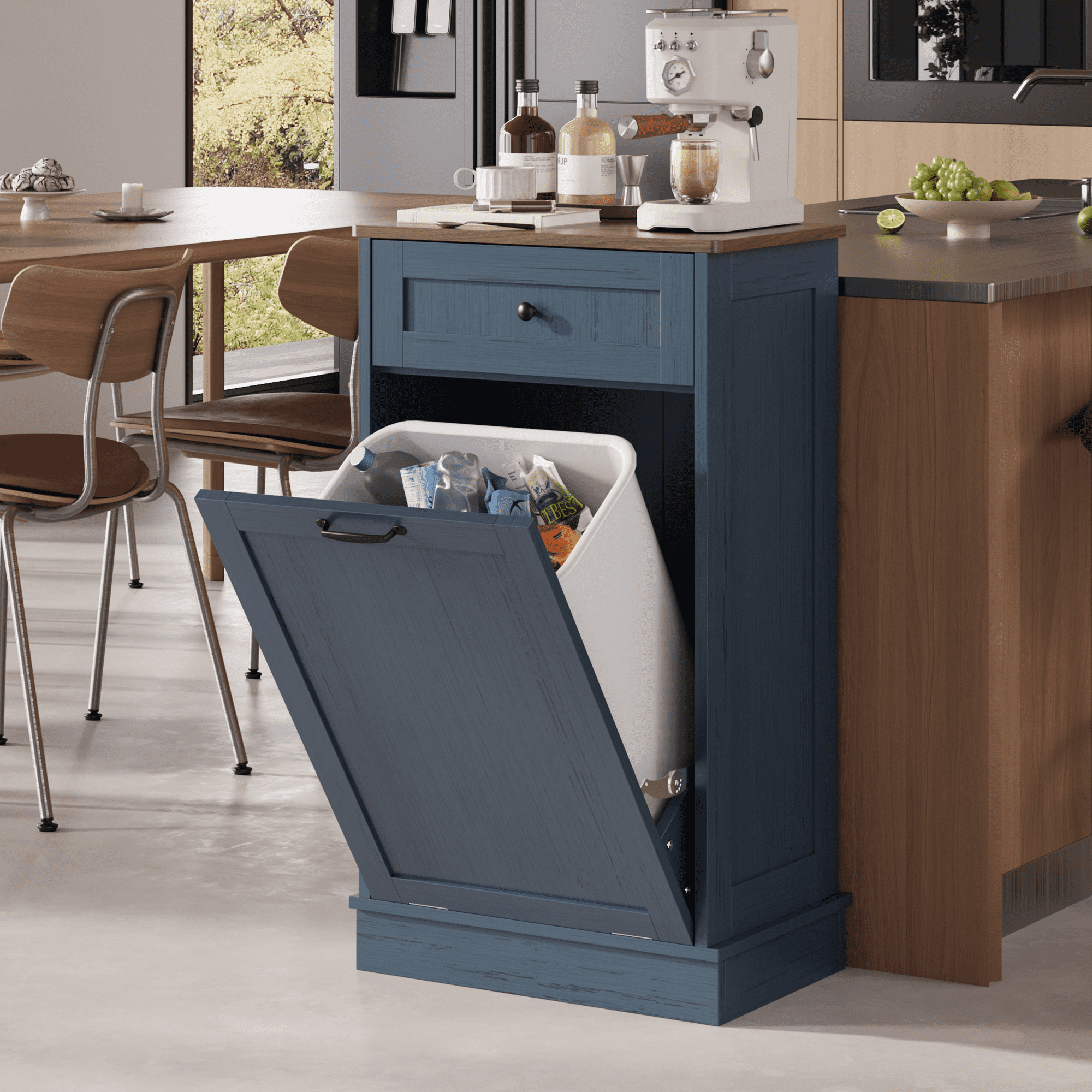 Kigoty Kitchen Trash Can Cabinet, 10 Gallon Tilt Out Trash Canbinet Wood Garbage Hamper Pet Proof, Blue