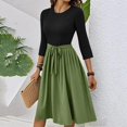 thumbnail image 5 of WTOBBY Women's Solid Color Waistband Round Neck 3/4 Sleeve Dress, Flowy Casual Midi Sundress with Minimalist Elegance for Summer,Army Green L, 5 of 5