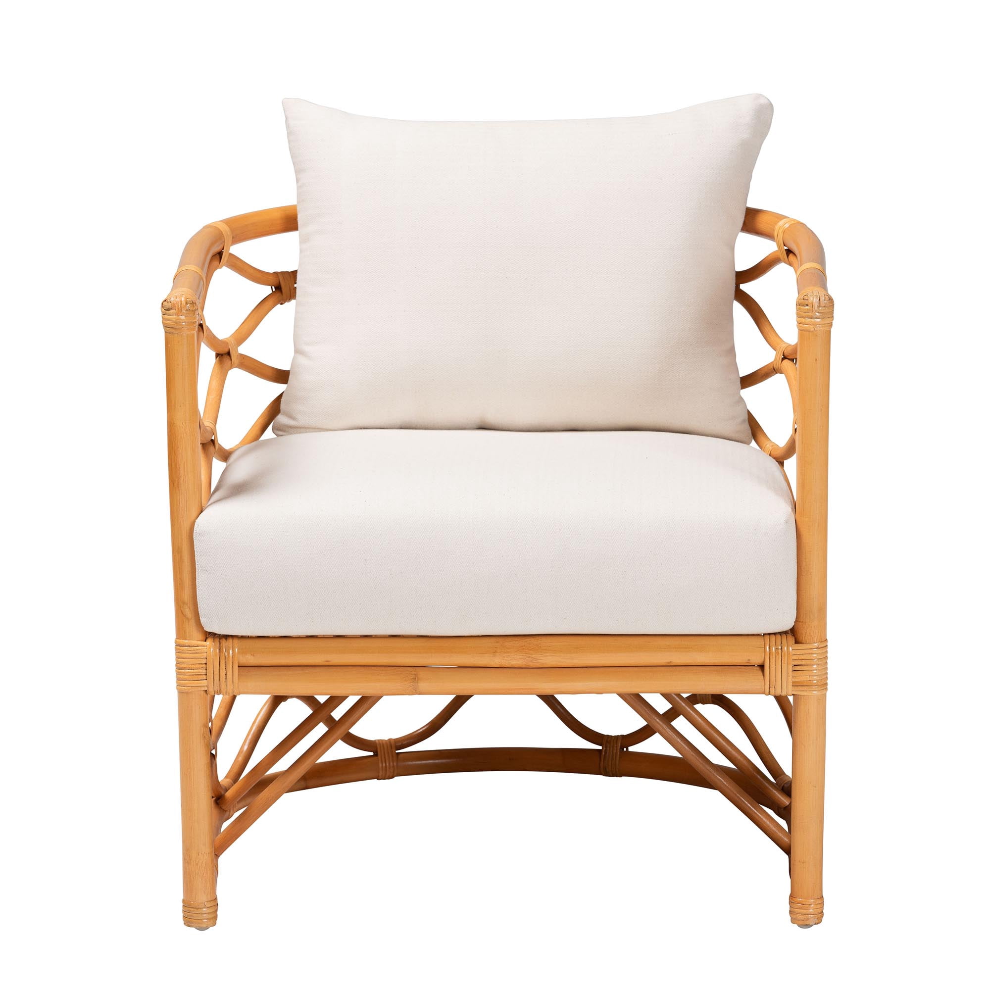 bali & pari Acelynn Boho Arm Chair with Natural Rattan Frame and Fabric Cushions - Light Honey
