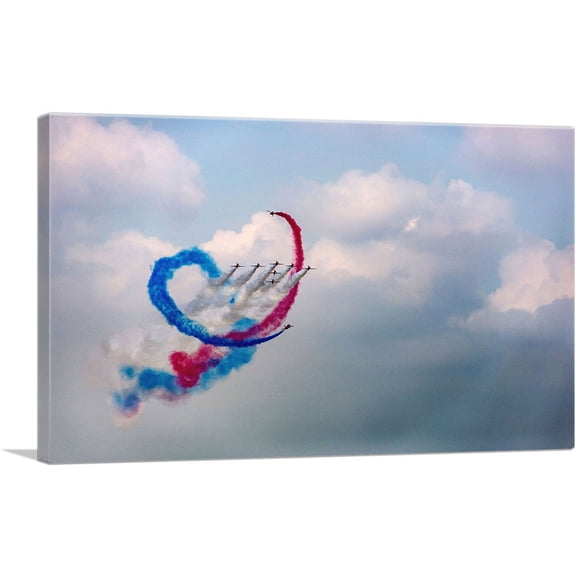 ARTCANVAS Fighter Jet Plane Aircrafts Blue and Pink Smoke Canvas Art Print - Size: 18" x 12" (1.50" Deep)