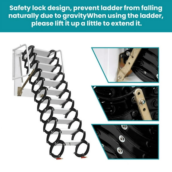 Heavy-Duty Aluminum 12-Step Retractable 10FT Wall Mounted Ladder for Loft Industrial Plant Home Storage Room