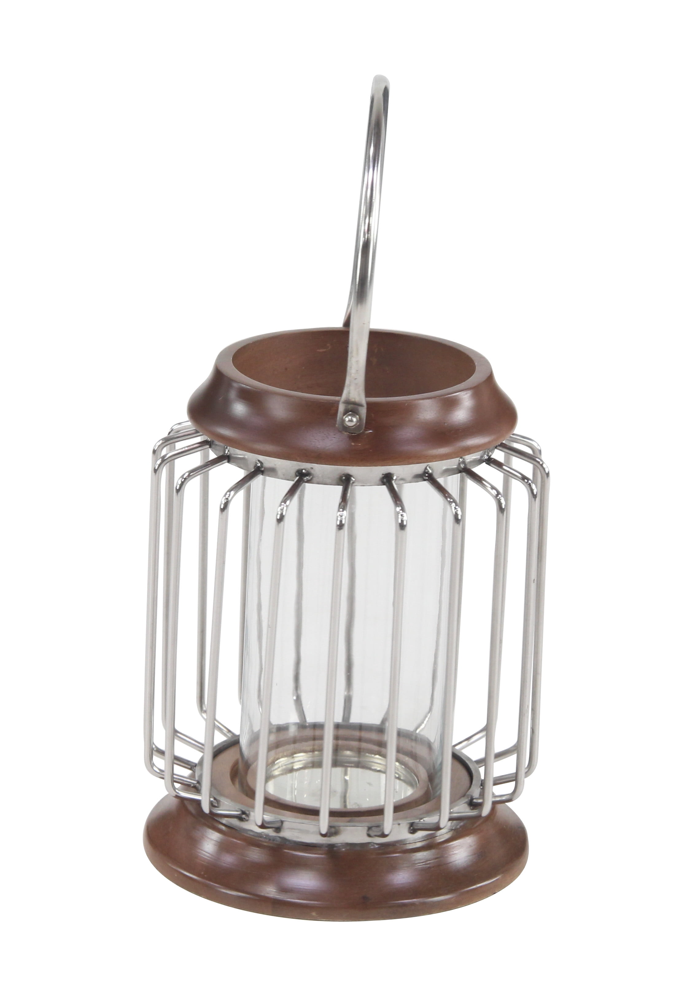 Decmode - Large Wood & Metal Bar Hanging Lantern with Handle & Hurricane Glass Candle Holder, 9” x 11”