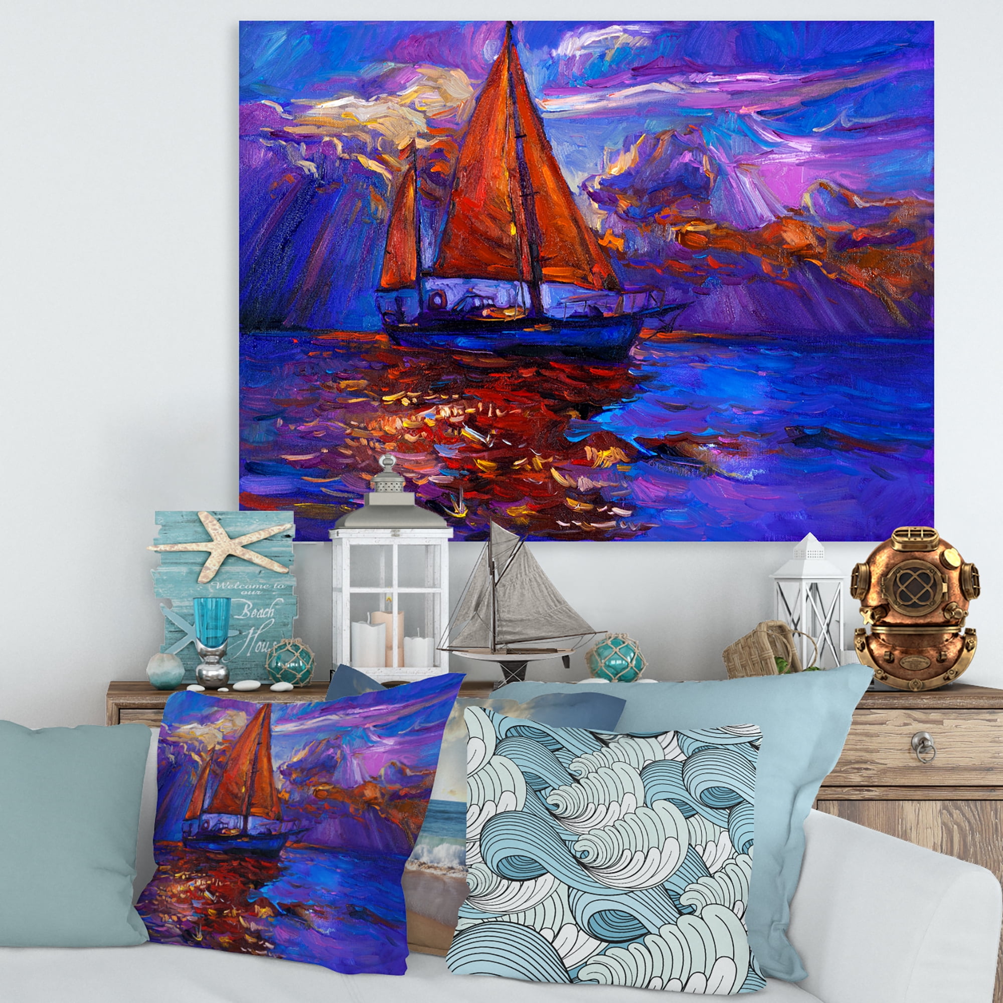 Designart ' Red Sail Ship On Purple Sunset in Blue Ocean ' Nautical & Coastal Canvas Wall Art Print