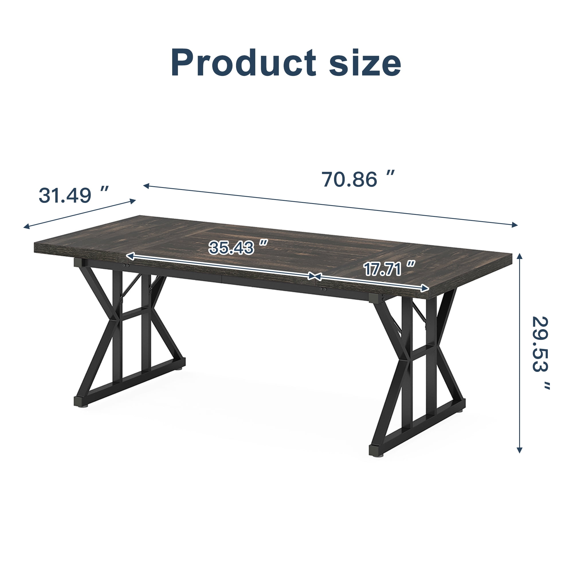 Demi Bonn 71" Farmhouse Dining Table, Wood Rustic Kitchen Table for 6 People, Large Rectangular Dinner Table for Dining Room, Home Office, Living Room Furniture, Black