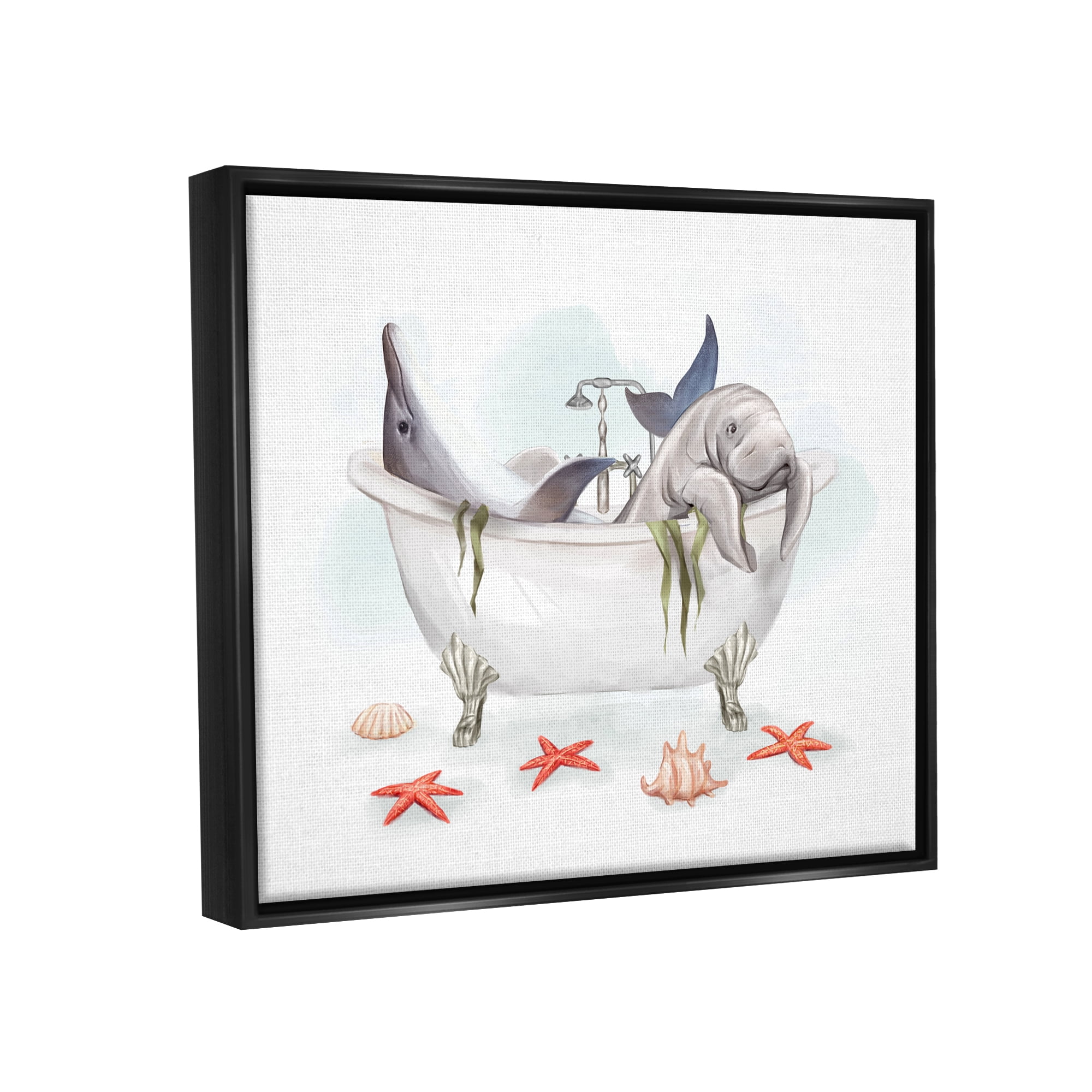 Stupell Industries Dolphin & Manatee Bathtub Animals & Insects Painting Black Floater Framed Art Print Wall Art, 21 x 17