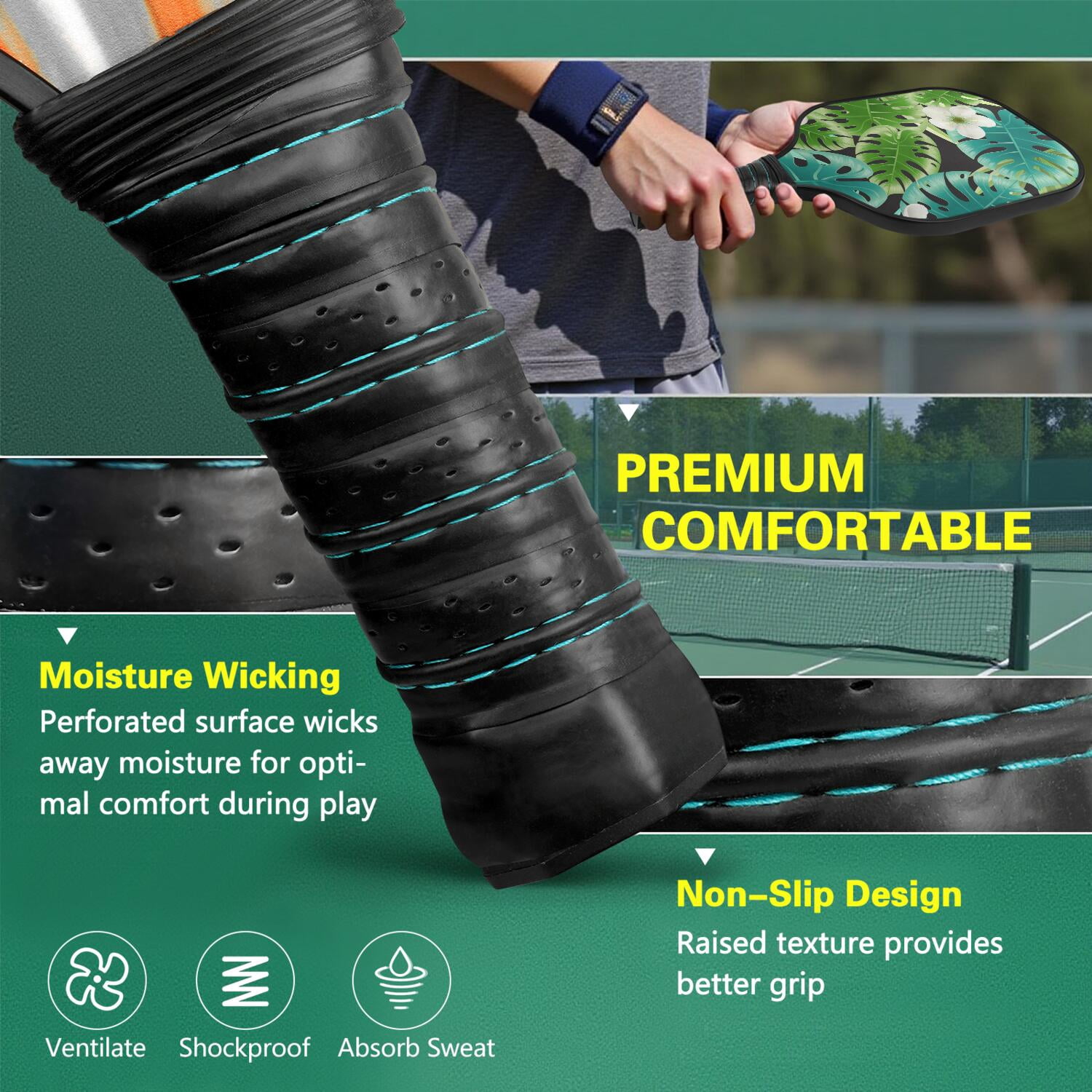 Pickleball Paddles Set Of 2, Fiberglass Surface, Tropical Jungle Print, 4 Balls & Bag