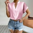 thumbnail image 2 of RYRJJ Women's Elegant Shirts Fashion Casual Loose Fit Short Sleeve V-Neck Shirt Tops Button Down Lightweight Stand Collar Blouse(Pink,XXL), 2 of 8