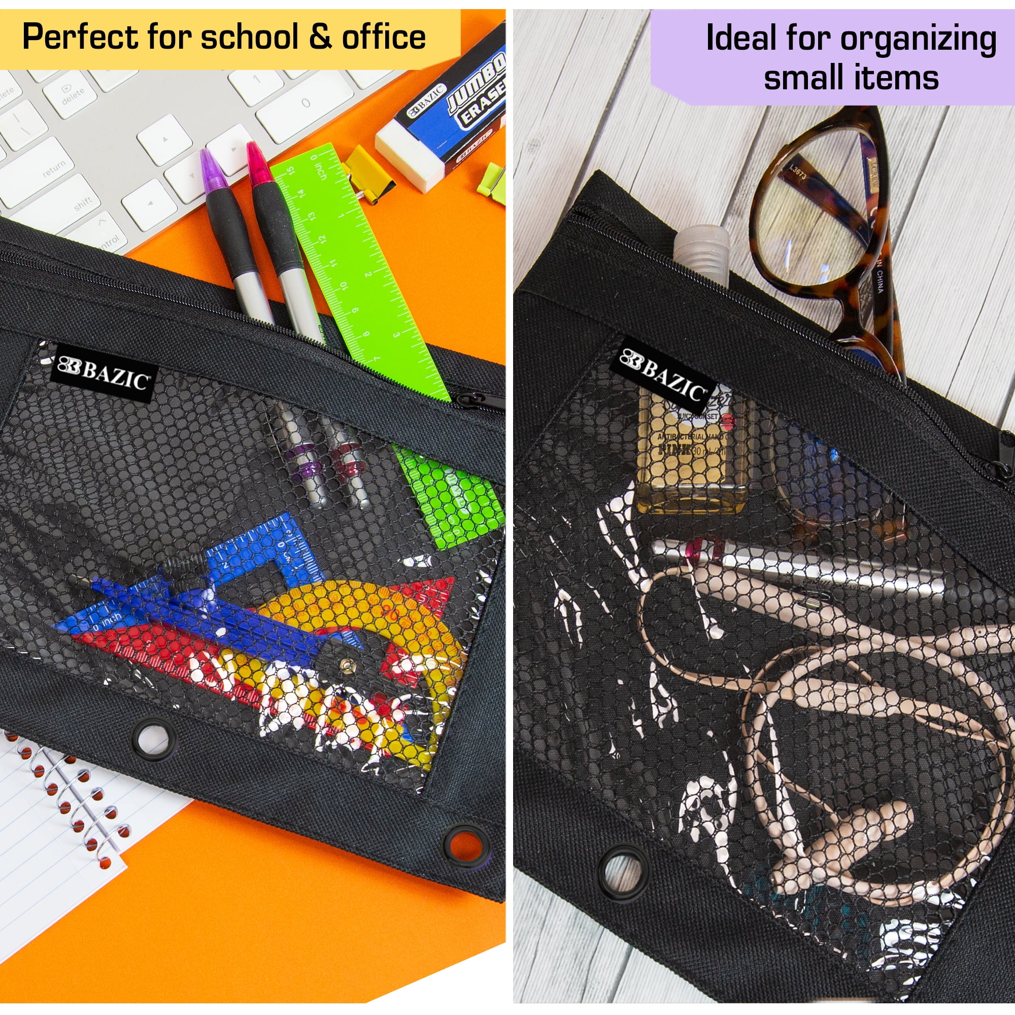 BAZIC 3 Ring Pencil Pouch, Mesh Window, Black Color, 24-Count