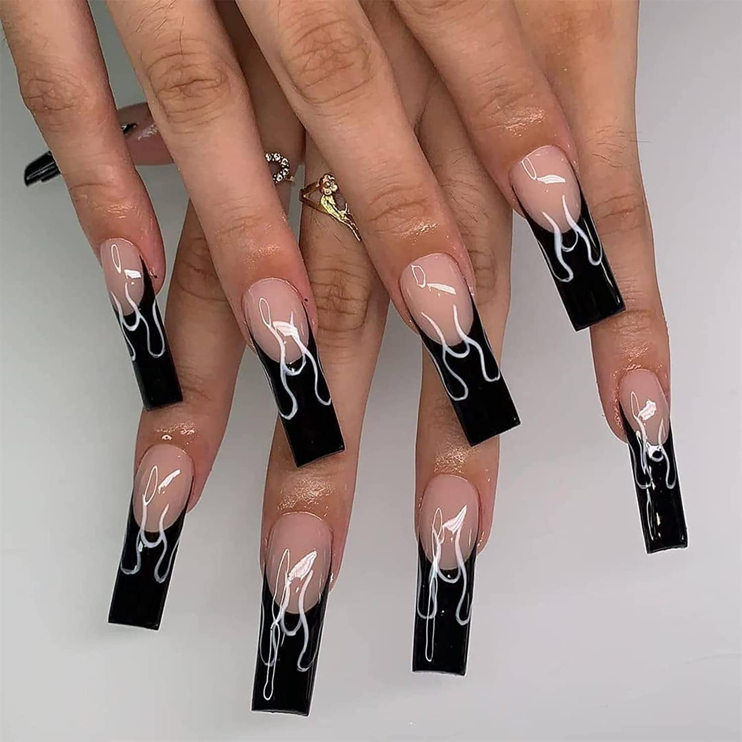 Fake French Nails with Glue, Press on Nails Black Extra Long Coffin Nails,  Acrylic Nails Artificial French Tip for Women/Daily/Party, 24PCS/Set(Black  Dress) 