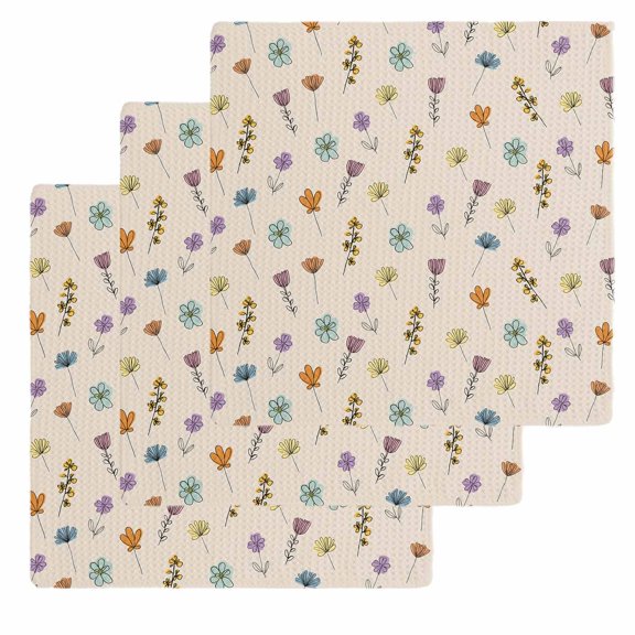 Spring Flowers Kitchen Dish Towels for Drying Dishes Set of 3, Vintage Wildflowers Country Pastoral Plants Waffle Weave Microfiber Hand Tea Bathroom Towels Quick Dry & Absorbent Towel 12x12