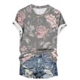 thumbnail image 4 of Jamicy Womens Summer Blouses Gift for Women Womens Dressy Tops Women's Fashion Casual Short Sleeve Flower Print Round Neck Pullover Top Blouse, 4 of 6