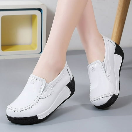 

Women s Retro Solid Color Chunky Loafers Round Toe Slip On Shoes All-Match Faux Leather Shoes