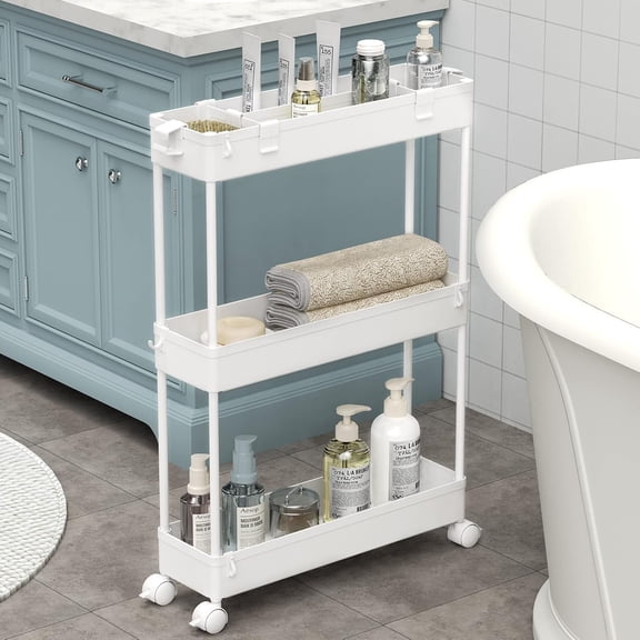 Slim Storage Cart 3 Tier,Bathroom Organizer Rolling Utility, Mobile Shelving Unit Slide Out for Office, Kitchen, Laundry Room & Narrow Places,White