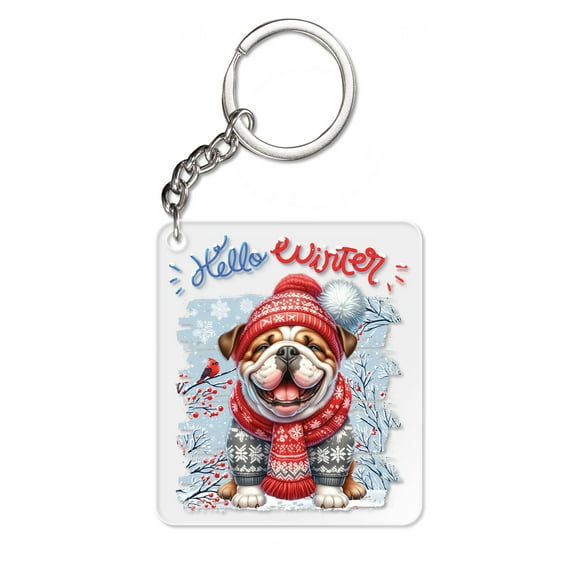 Hello Winter Bulldog Smiling in Red Scarf Hat Welcome Christmas Acrylic Keychain Dog Lover Gifts Idea Collar Charm Tag Keyring - 00017