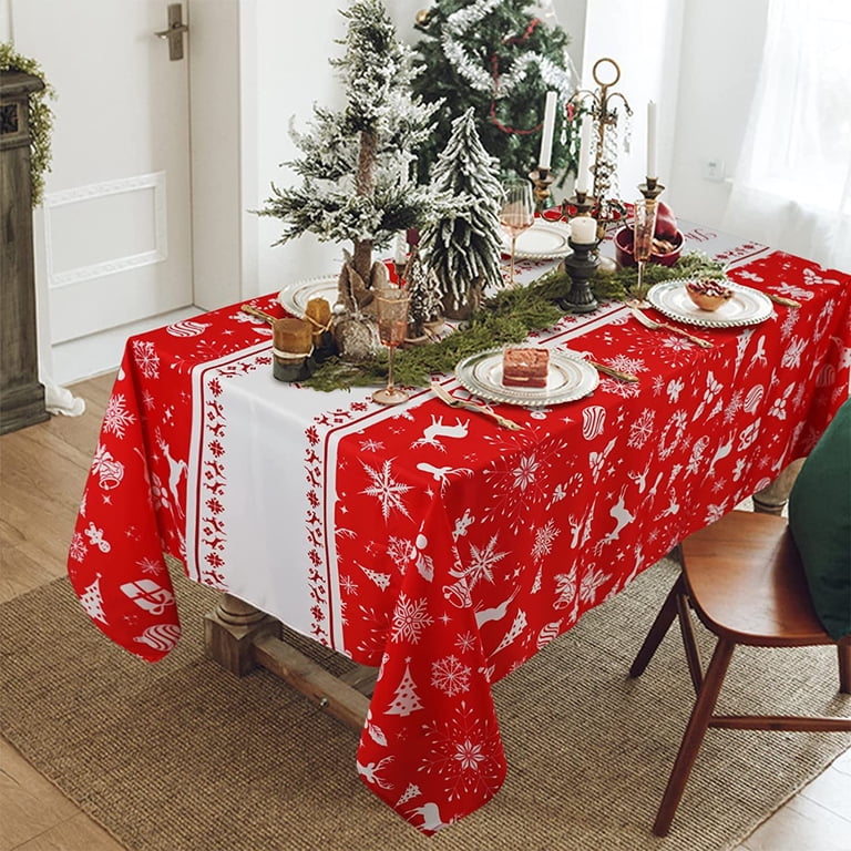 Christmas Tablecloth Round 60x60 Inches - Red Santa Snowman Tree Pattern Washable Holiday Table Cover