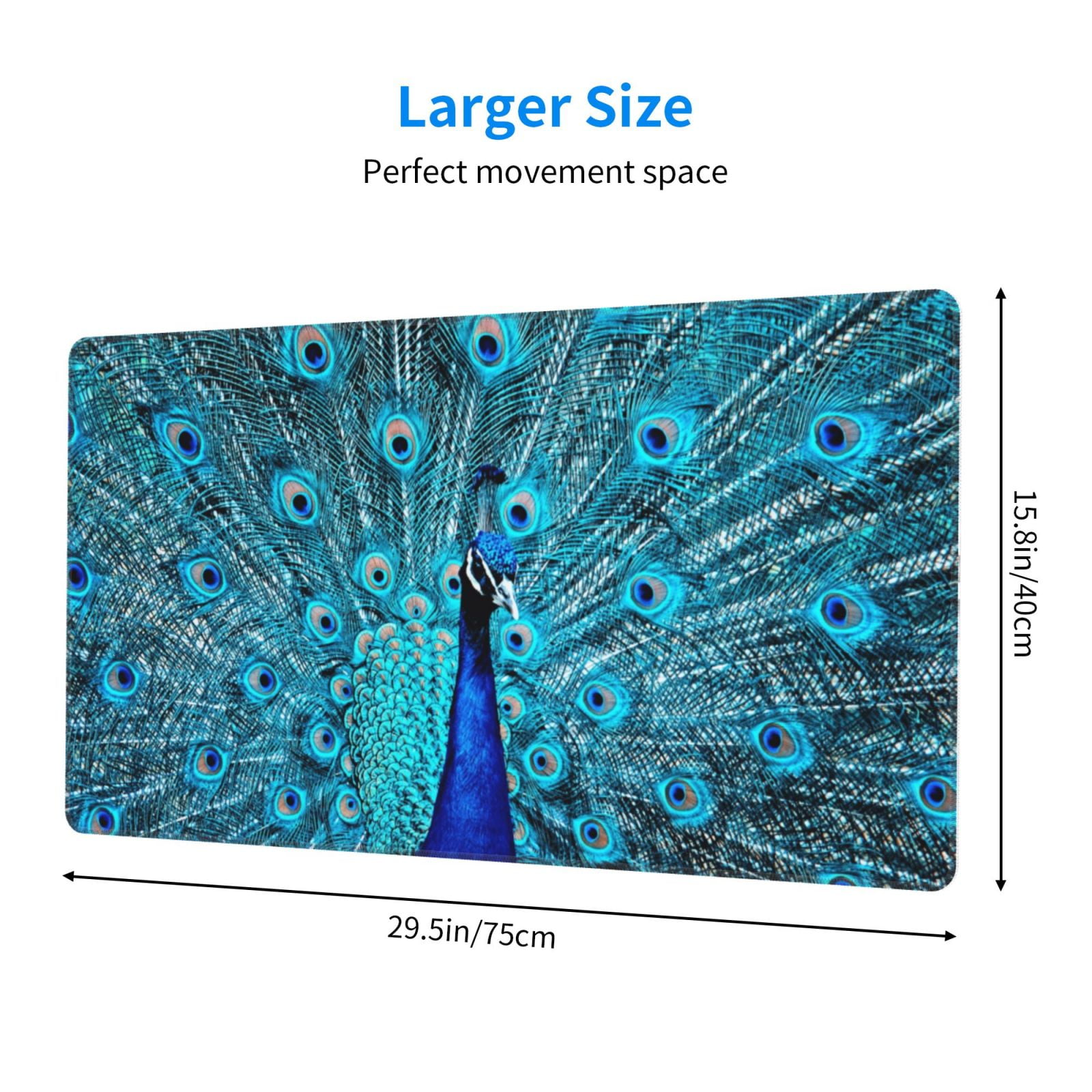 Naloa Beautiful Blue Peacock Gaming Mouse Pad Large Mouse Mat Long Extended Desk Pad Non-Slip Rubber Mice Pads Stitched Edges Thin Pad (16x29.5 Inch)