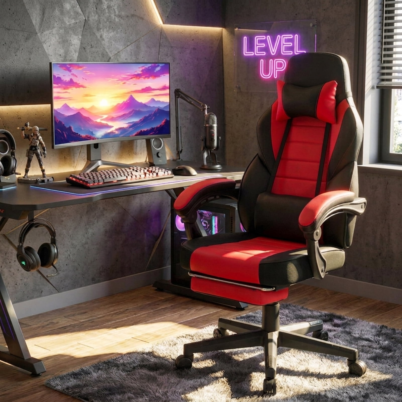 Furnibear Ergonomic Video Game Chair with Headrest Lumbar Support 155 Degree Recline Retractable Footrest and Swivel Metal Base for Home Office, Red