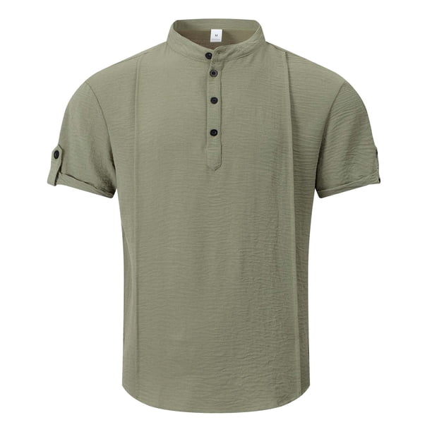 Camisa de Manga Corta Plisada con Botón de Cuello en V, Mezcla de Algodón de Poliéster Top de Vacaciones de Playa, Suelto para Hombres