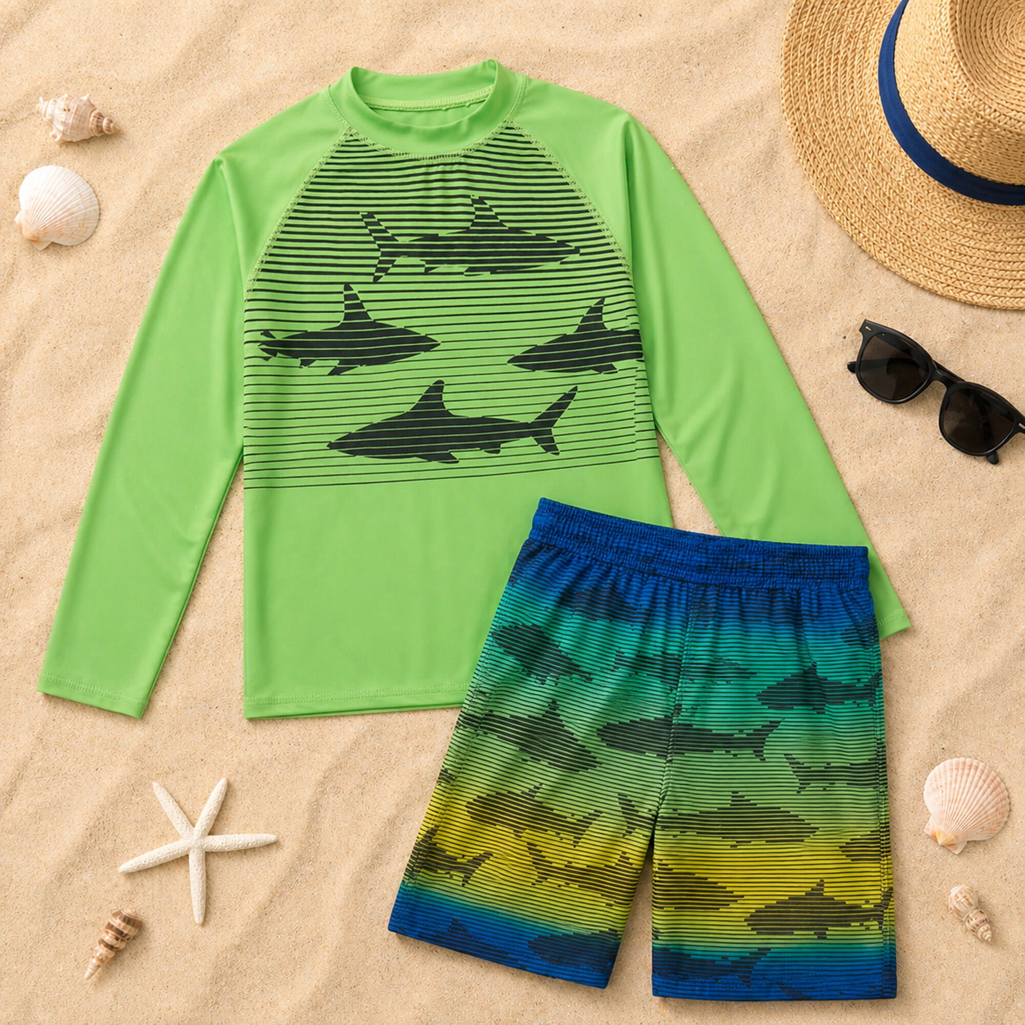 Big Chill Boys Swim Set - UPF 50+ Long Sleeve Rash Guard and Swim Trunks, 2 Piece Boys Swimsuit Set