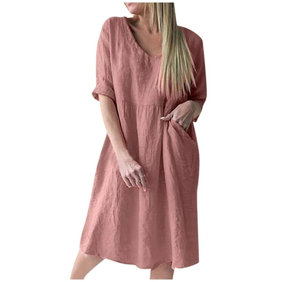 JINMGG 2024 Summer Clearance Dresses under $10.00 Womens Casual Dress Pure Color Three-QuarterSleeve V-Neck Knee-Length Dress