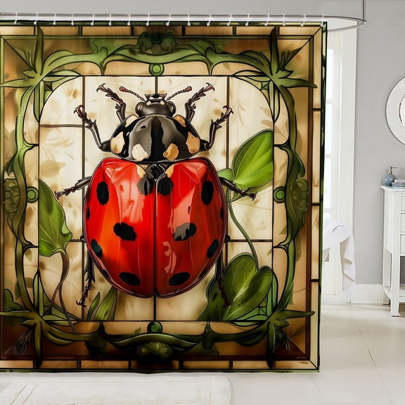 Stained Glass Ladybug Shower Curtain with Green Leaves Nature Insect Bathroom Decor 71x71 inches