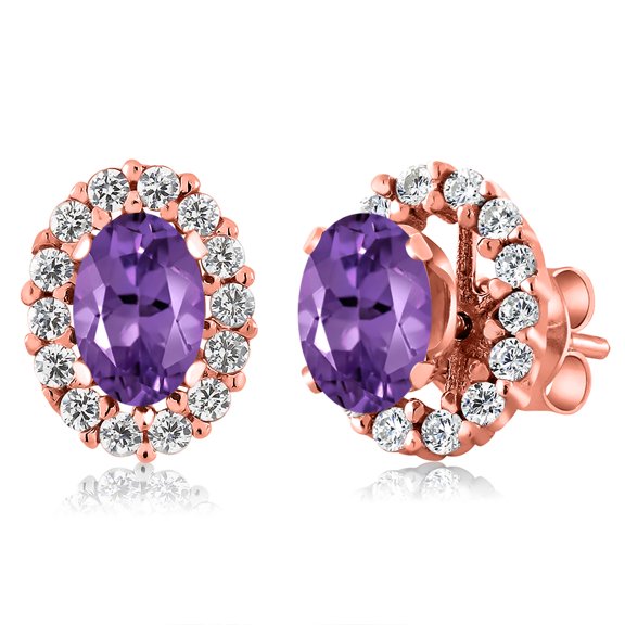 Gem Stone King 18K Rose Gold Plated Silver Purple Amethyst Stud Earrings with Removable Jackets for Women (1.26 Cttw, Gemstone February Birthstone, Oval 6X4MM)